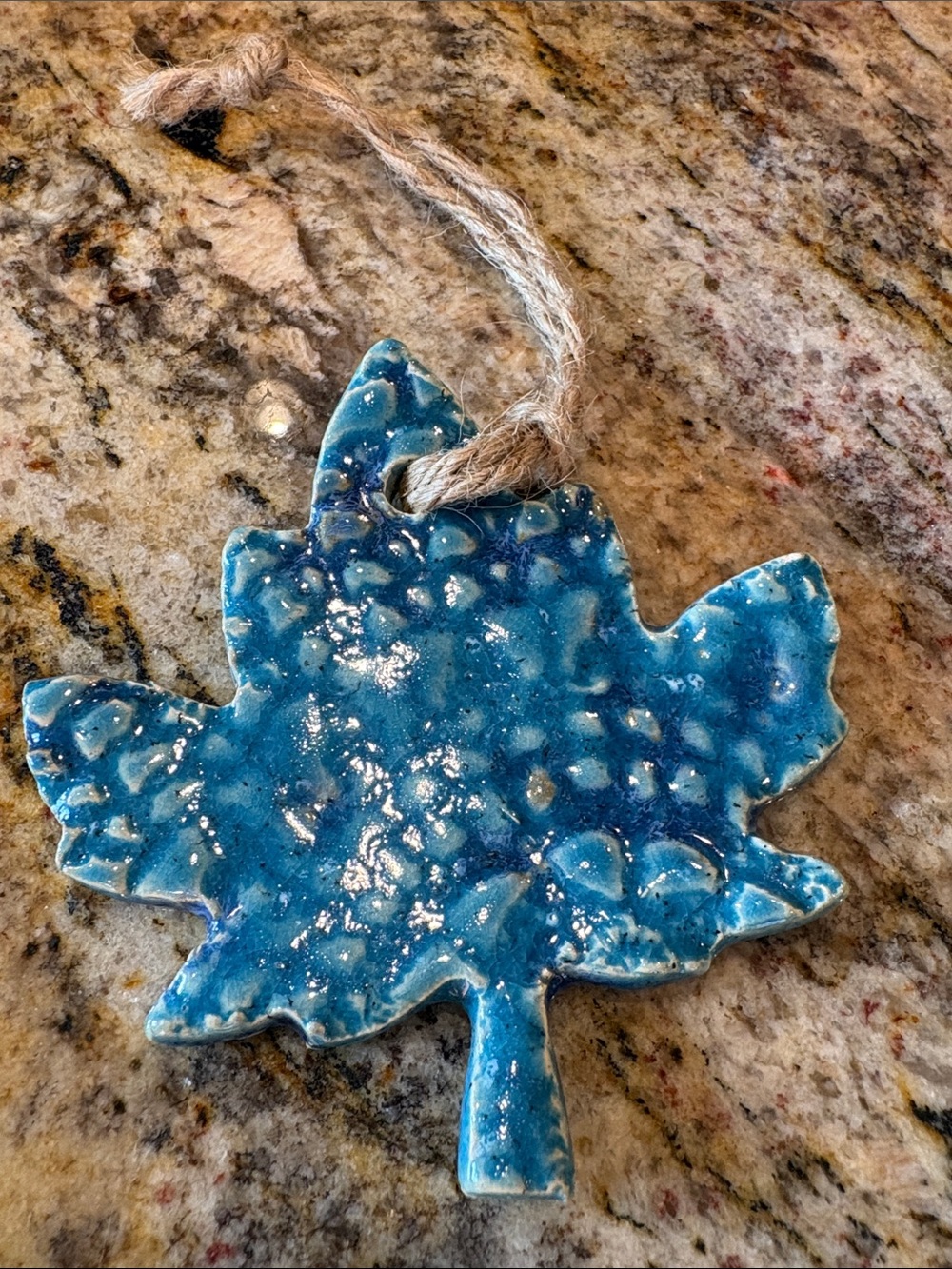 Blue Ceramic Maple Leaf on Jute Cord
